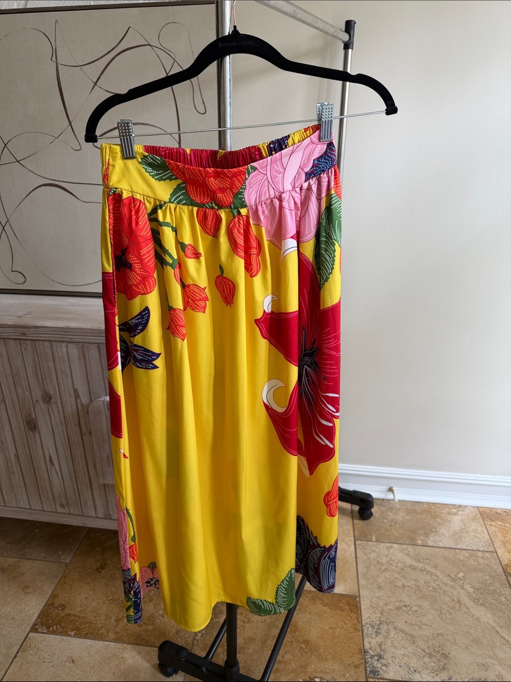 Source Unknown Yellow Floral Maxi Skirt with Red & Pink Accents